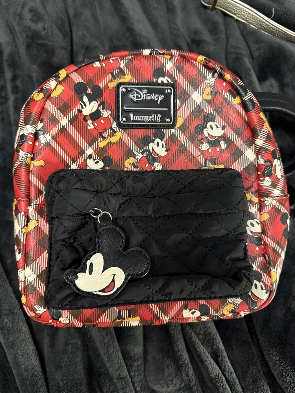 Loungefly Red Plaid Mickey Mouse Kids Mini Backpack with Black Quilted Pocket